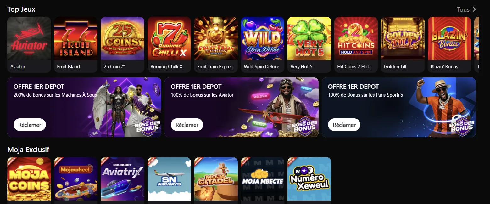 Mini-jeux Mojabet RDC machines à sous